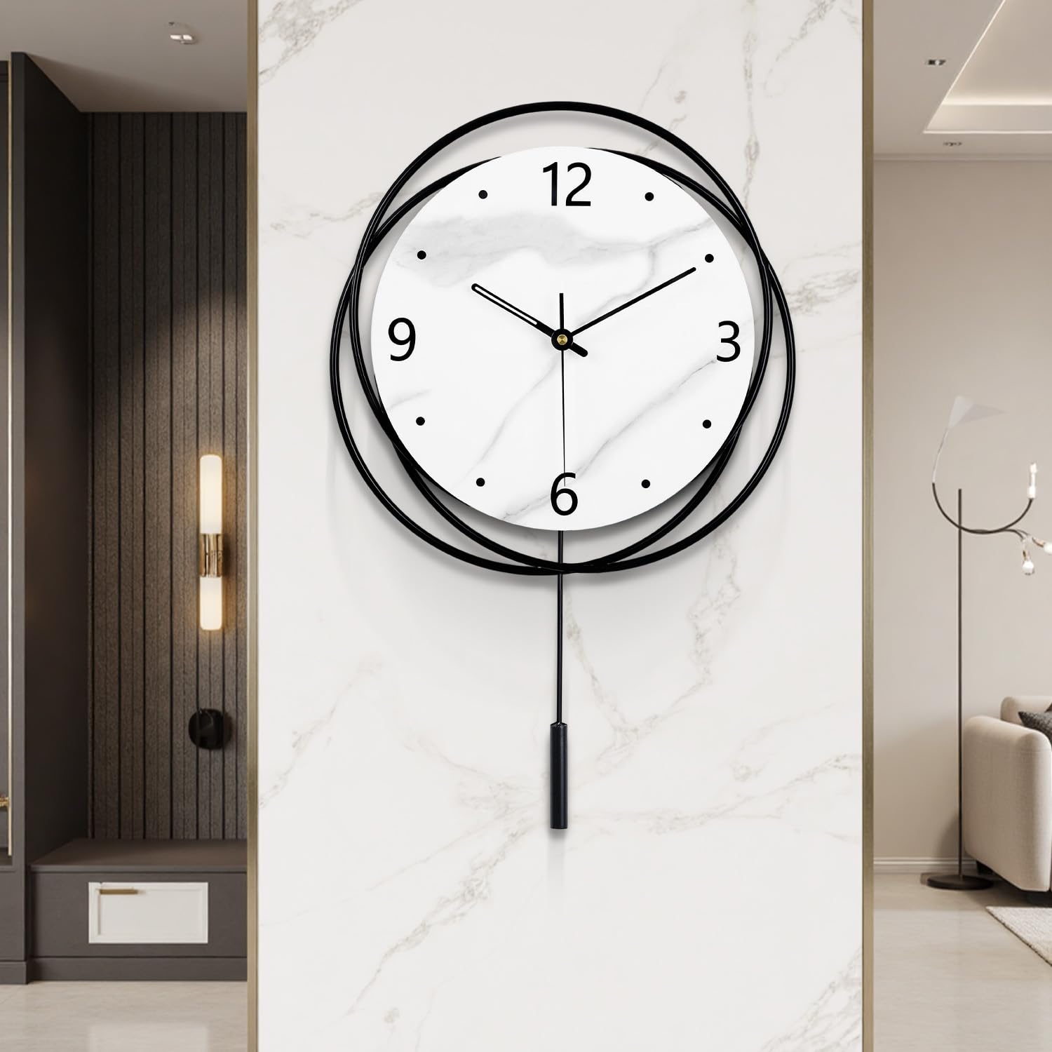 Decorative Wall Clock Silent Non-Ticking Quality Quartz Battery Operated with Cylindrical Pendulum, Large Wall Clock for Living Room Kitchen Office Bathroom Bedroom Wall Art, 12.7x18Inch(White)