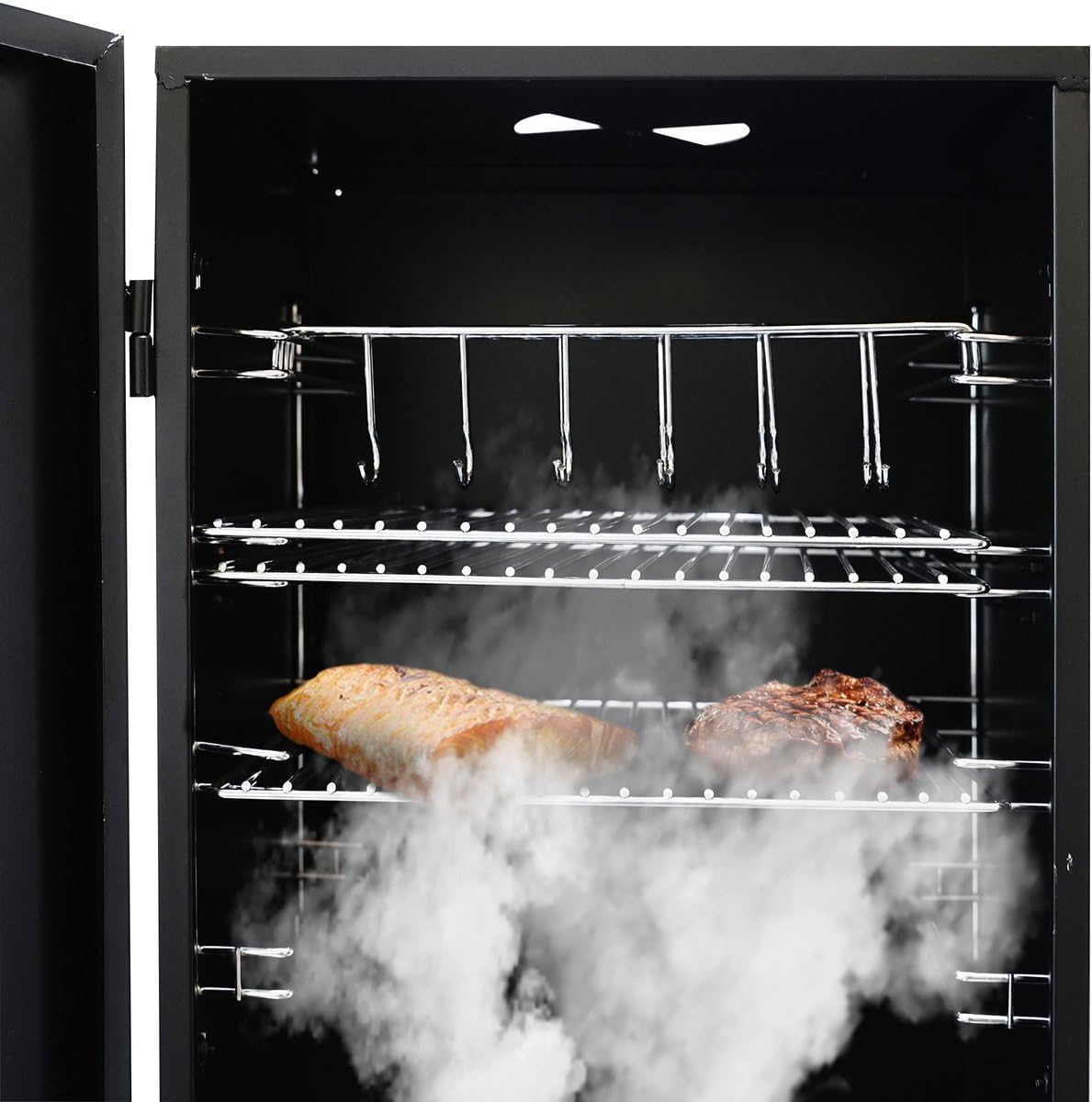 Shadow Chef Fumoir - Hauteur 100 cm - Armoire fumoir - Thermomètre inclus - Crochets de fumée - Grilles - 100x56x49cm - Poisson et viande - Bois/gaz/électrique - Durable