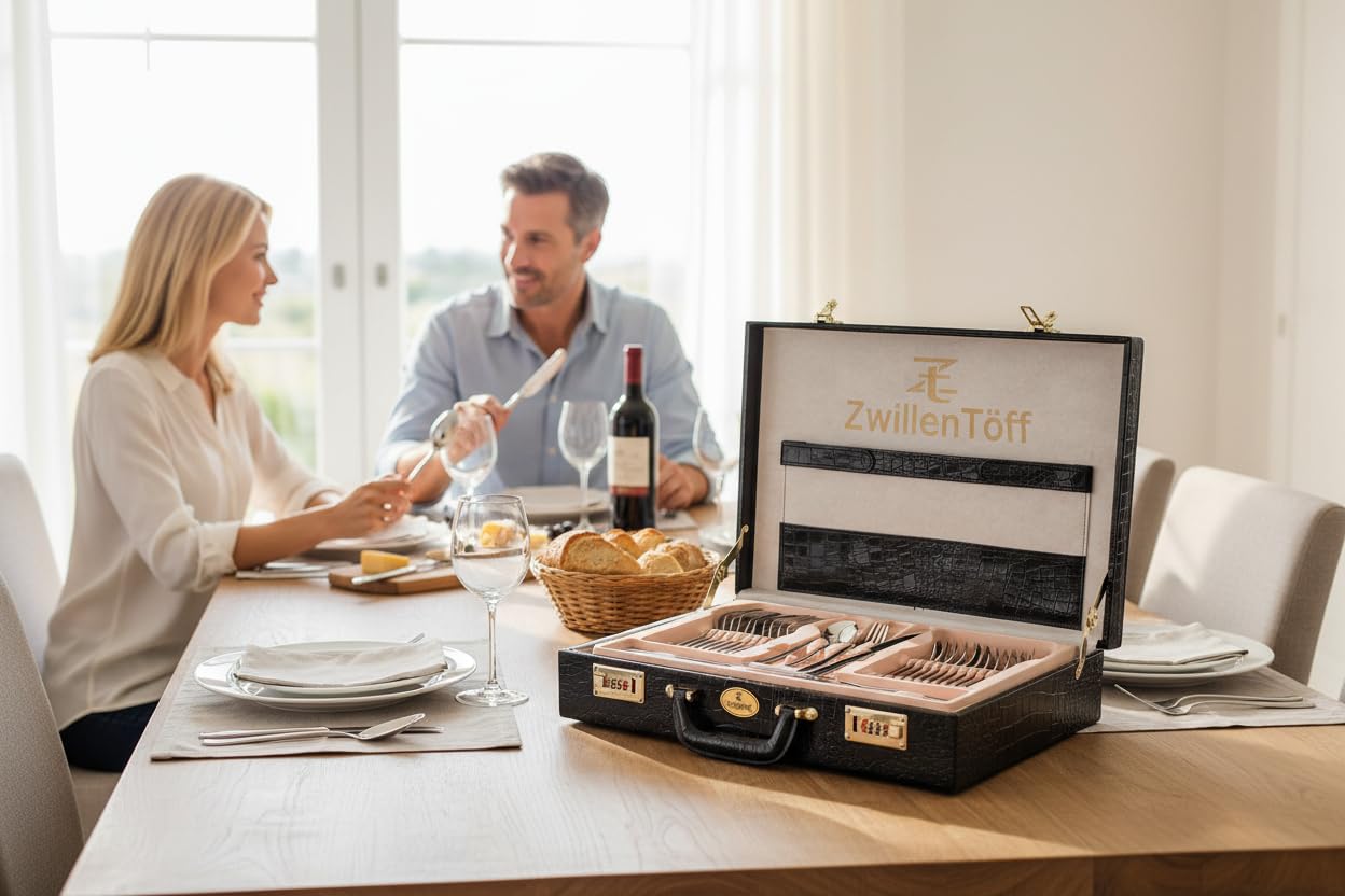 Besteck Set 72-teilig für 12 Personen, Edelstahl, Silber | Hochglanzpoliertes Besteckset im Koffer, spülmaschinenfest, für festliche Anlässe und Alltag