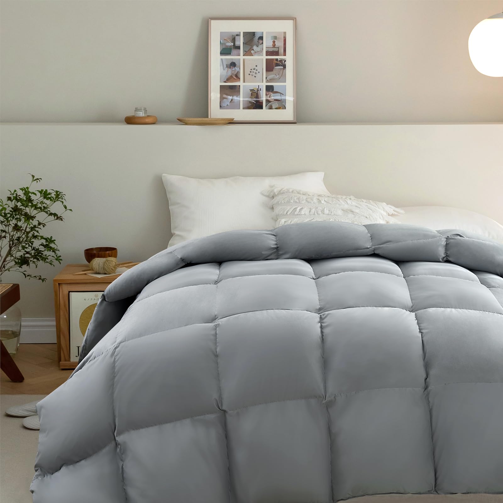 Airensky Feather Comforter Filled with Feather & Down, Queen Size All Seasons Grey Duvet Insert, Luxurious Warm Bedding Comforter with Baffle Box Construction, 90 x 90 Inch