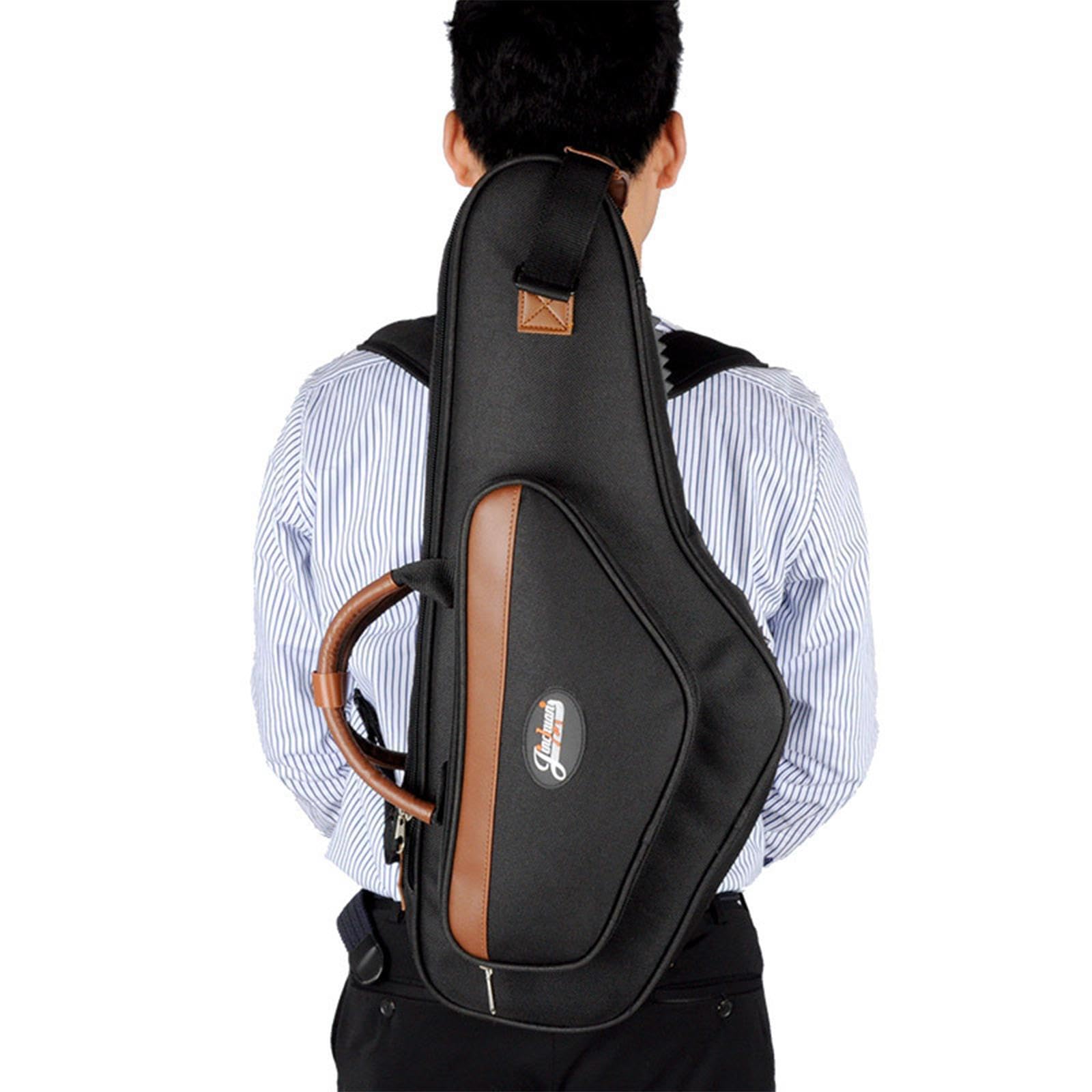 Leichter Saxophonkoffer Rucksack mit verstellbaren Gurten und wasserdichter Aufbewahrungstasche für Zubehör, Schwarz, 25.5 x 63 cm