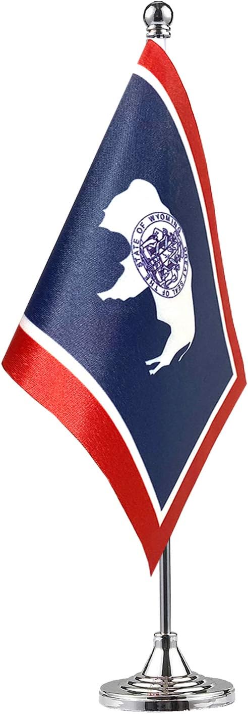 GentleGirl.USA Wyoming State Flag Wyoming WY Flag, Small Mini Wyoming State Flag Desk Flag Stick Office Table Flag on Stand Base, US Festival Events Celebration Decoration,Desk Home Decoration