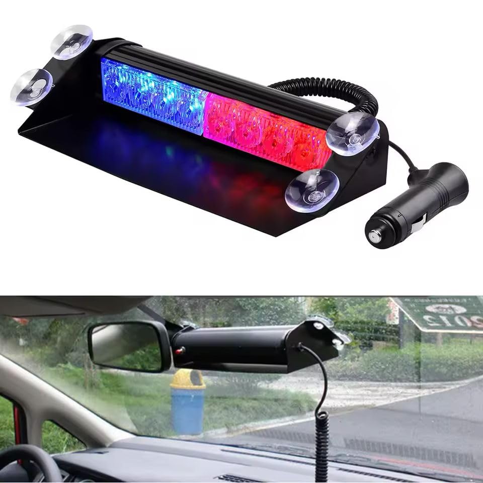 Image of AutoBizarre 12V Car Dash Emergency Warning Strobe Red Blue Flasher Windshield Sucker LED light With Multiple Flashing Modes For All Cars, Emergency Vehicles, etc. (8 LED Red Blue)