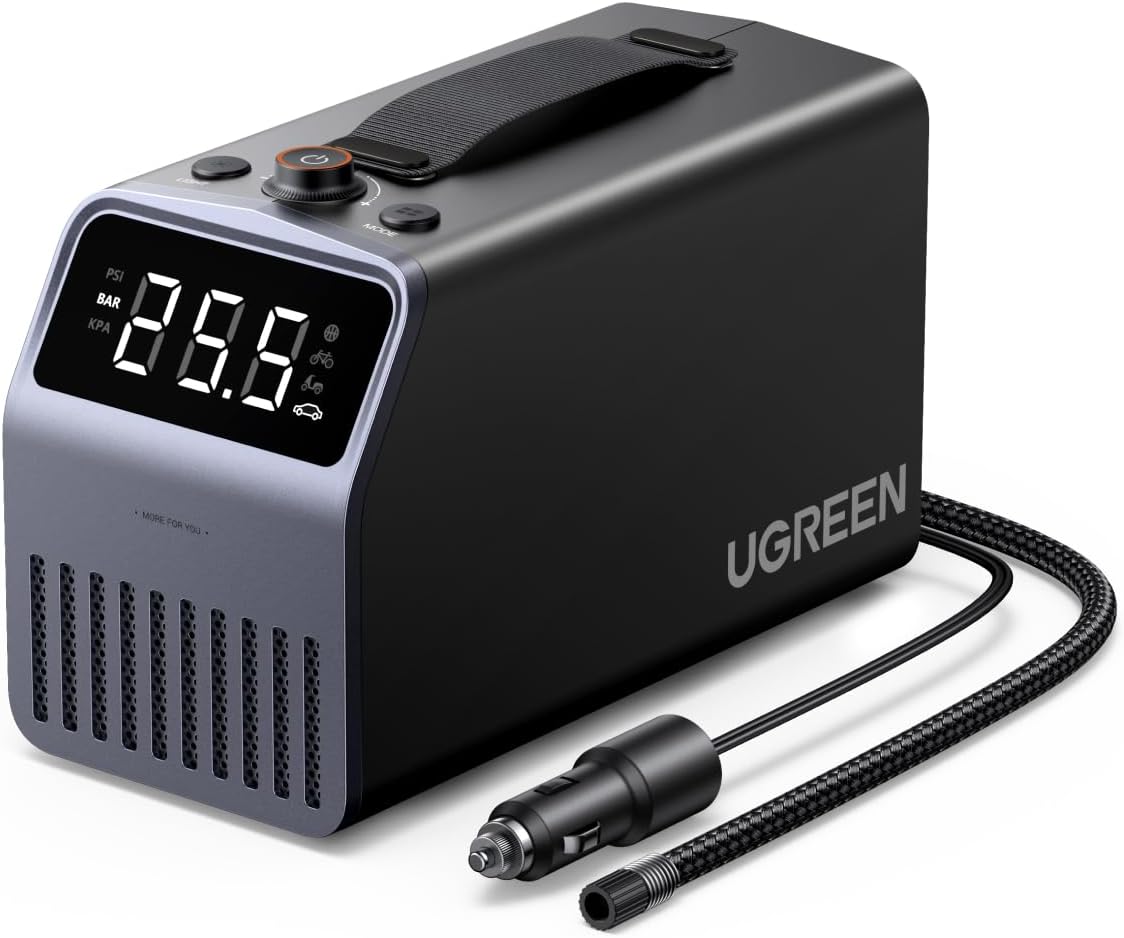 UGREEN Portable Tire Inflator Air Compressor, Fast 1-Min Inflation Car Tire Pump with LED Screen, 4500mAh Battery, Preset Pressure & Auto Stop, for Car, Motorcycle, Bike & Ball