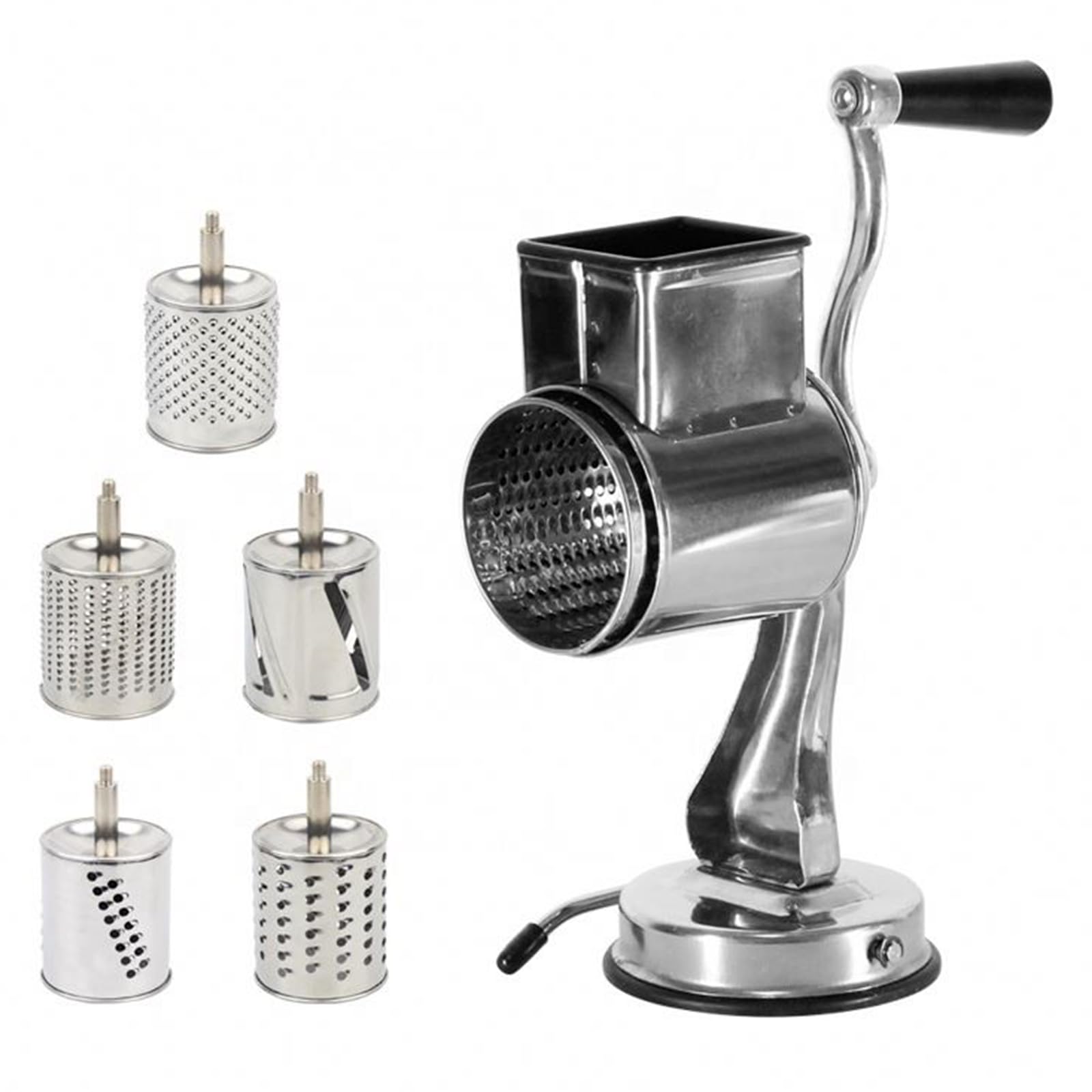 Rallador rotatorio de Acero Inoxidable 5 en 1, rallador de Cocina, Cortador de Verduras con 5 Tambores/Base de succión de Acero Inoxidable, Cortador de Cocina Multifuncional, fácil de Usar