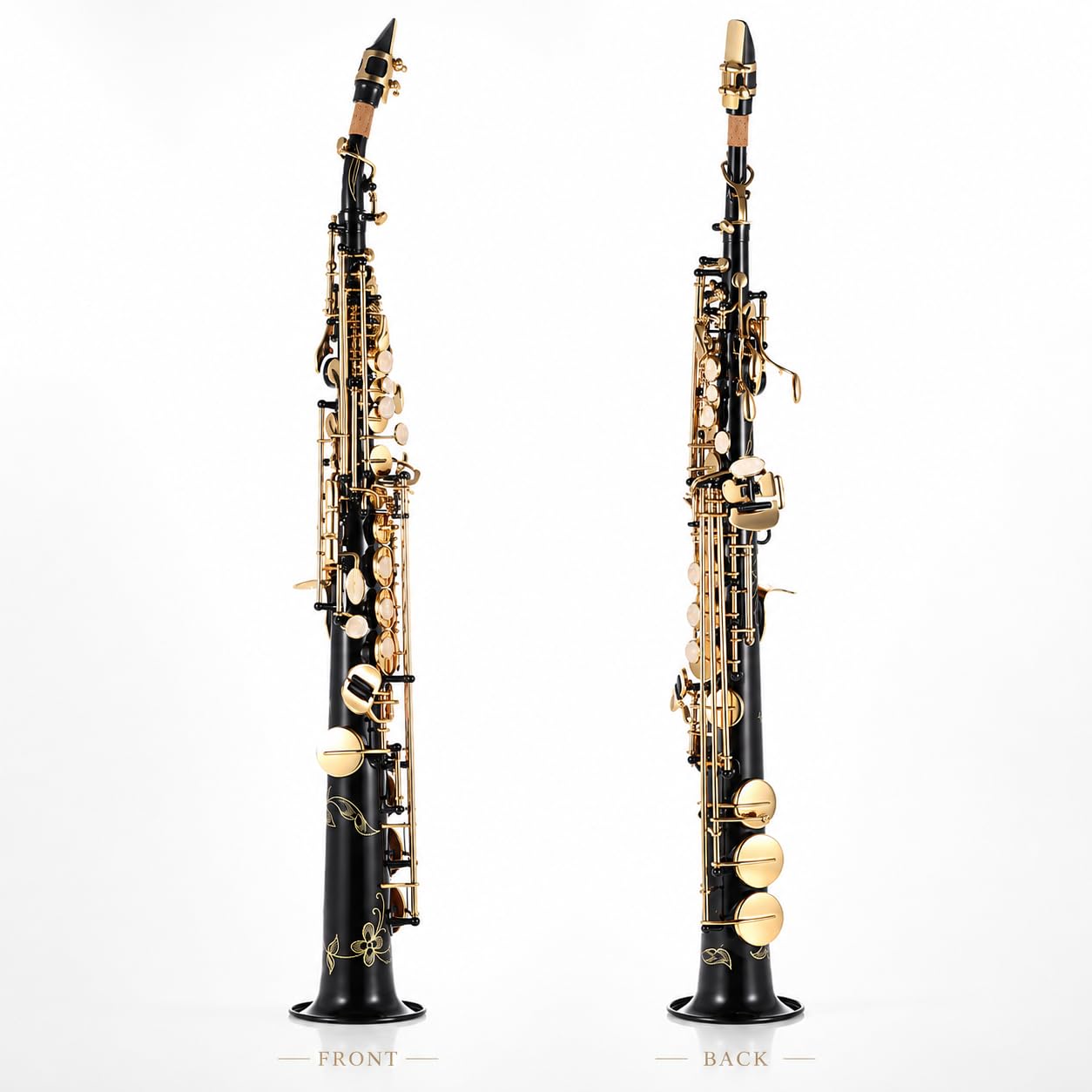 Saxofón soprano recto Bb, instrumento de viento de madera de latón con llaves de concha natural, patrón tallado, funda de transporte, correa y kit de limpieza