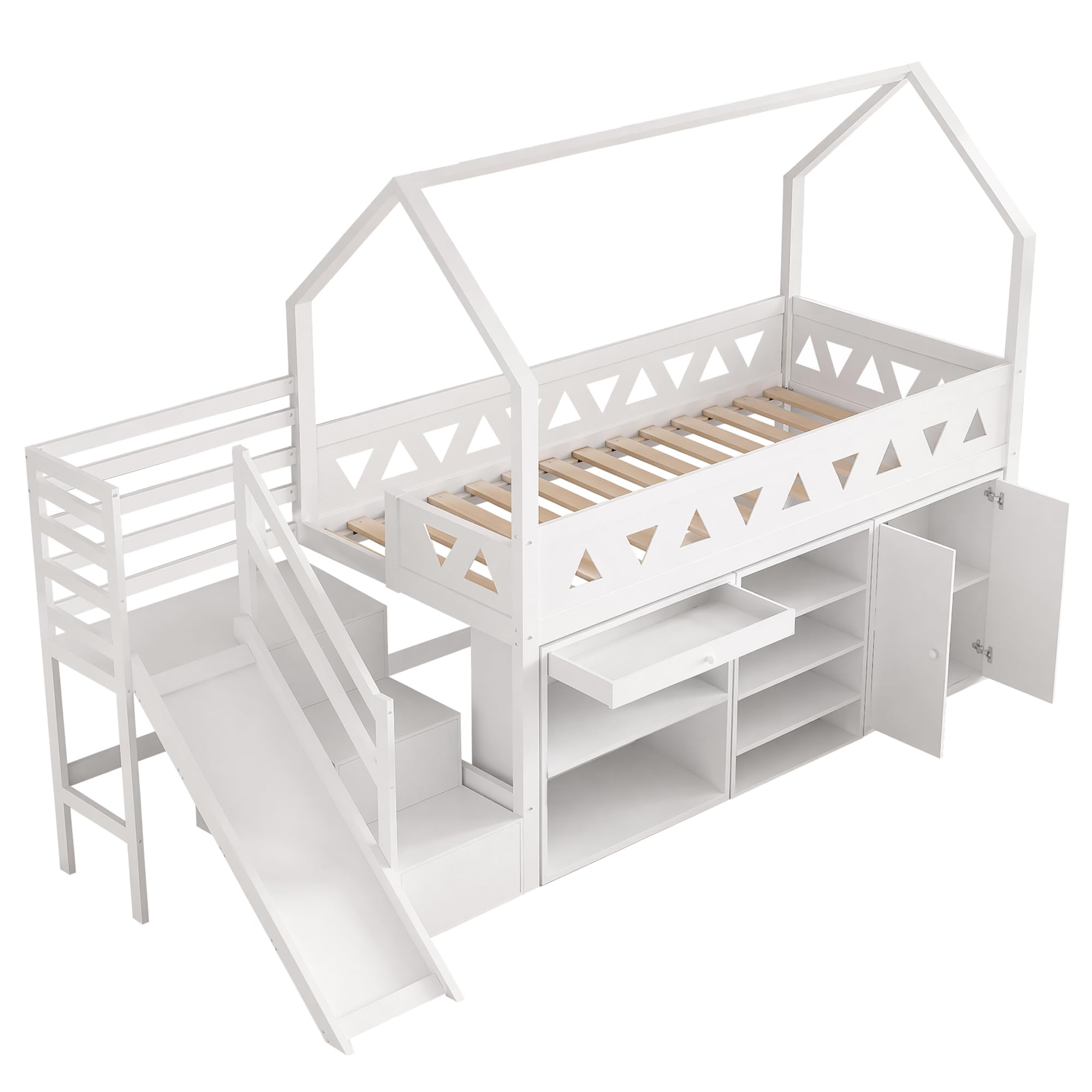 Merax Kinderbett Hochbett 90x200 cm, mit Treppe Staufach Stauraum,Rutsche,Schreibtisch,Schließfach,Platzsparendes Kinder Einzelbett mit Lattenrost und Rausfallschutz,Ohne Matratze,weiß,90 * 200cm
