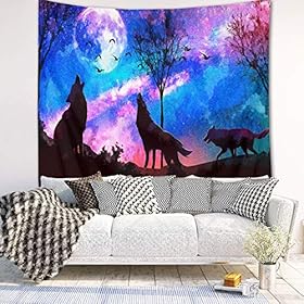 HVEST Wolf Tapestry Purple Blue Psychedelic Starry Sky Backdrop Tapestries Moon and Mountains Natural Landscape Wall… 61j9+OlTN2L. SS280