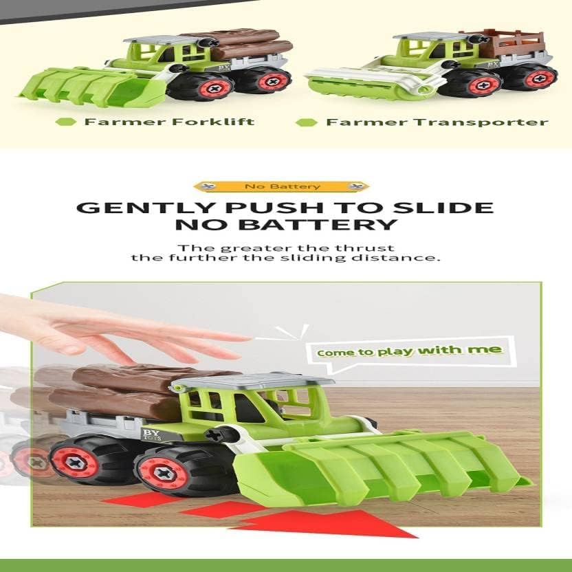 Image of Unbreakable Pull Back Vehicles| Push and Go Crawling Toy for Kids & Children (Farm Vehicles-Green(B))