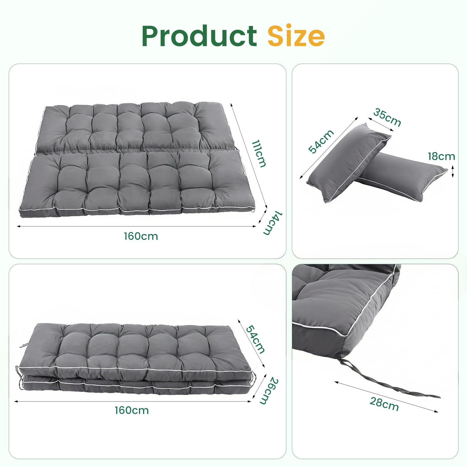 Bankauflage für Innen und Außen, 2-in-1 faltbares Design mit Kissen 111 x 160 x 14 cm, wasserabweisender sitzkissen, rutschfeste Gartenbankauflage mit Bändern für Hollywoodschaukel, Fensterbank (grau)
