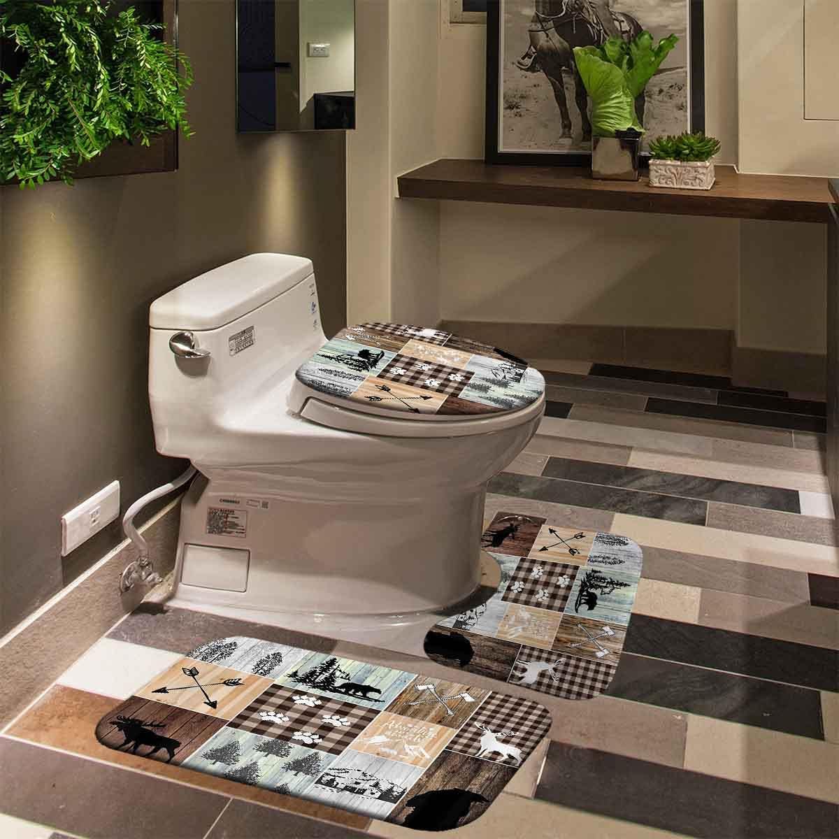 4PCS Cabin Shower Curtain Set, Black Bear Moose Deer Elk Forest Woodland Animal Wildlife Hunting Lodge Patchwork Brown Buffalo Plaid Country Rustic Farmhouse Bathroom Decor, Non-Slip Bath Mat