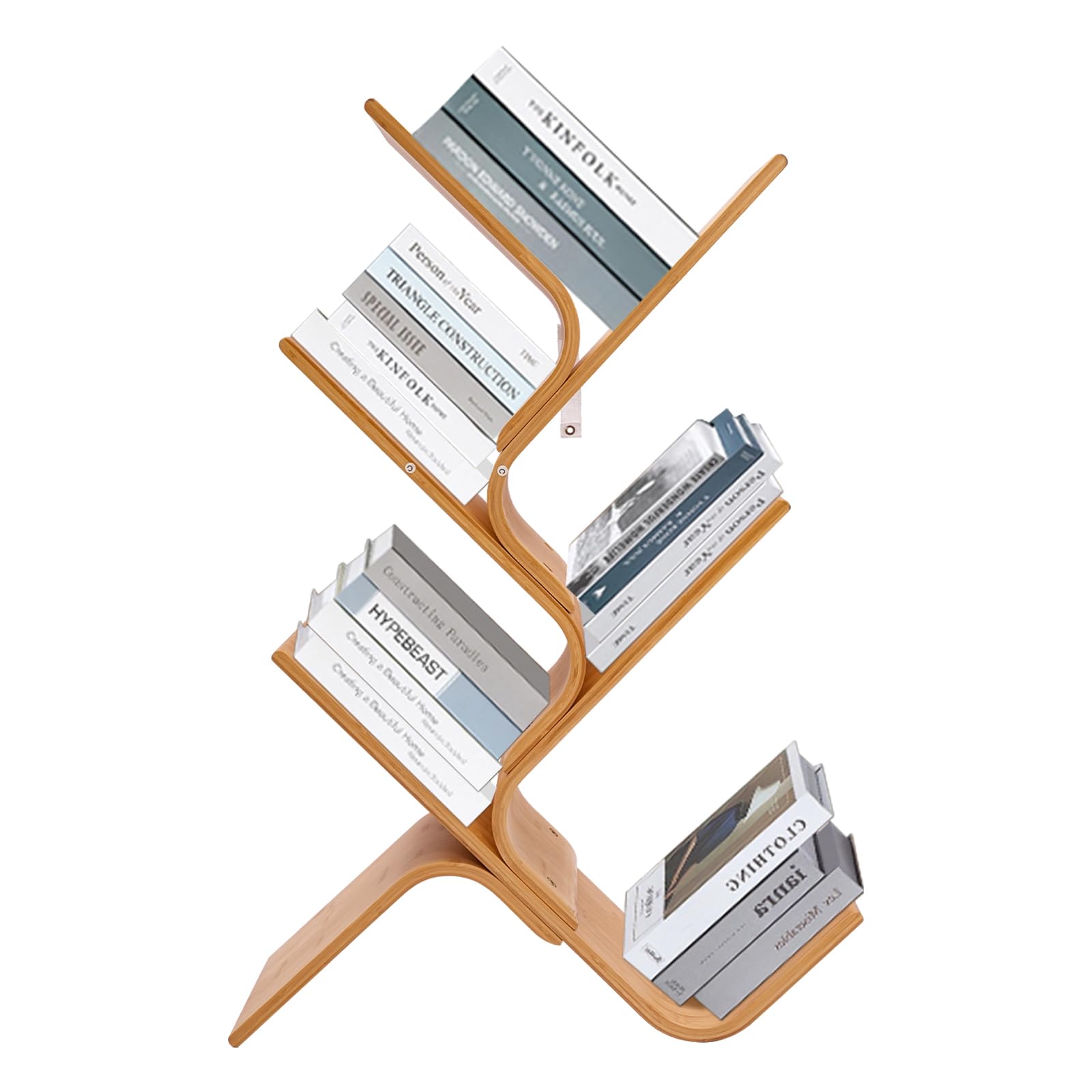 Librería de bambú de 5 niveles para el suelo, estantería moderna de pie, estantería curvada creativa, estantería de árbol curvada de bambú curvado para el hogar, salón, esquina, dormitorio