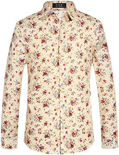 SSLR Men's Floral Cotton Button Down Long Sleeve Hawaiian Shirt (Medium, Yellow)