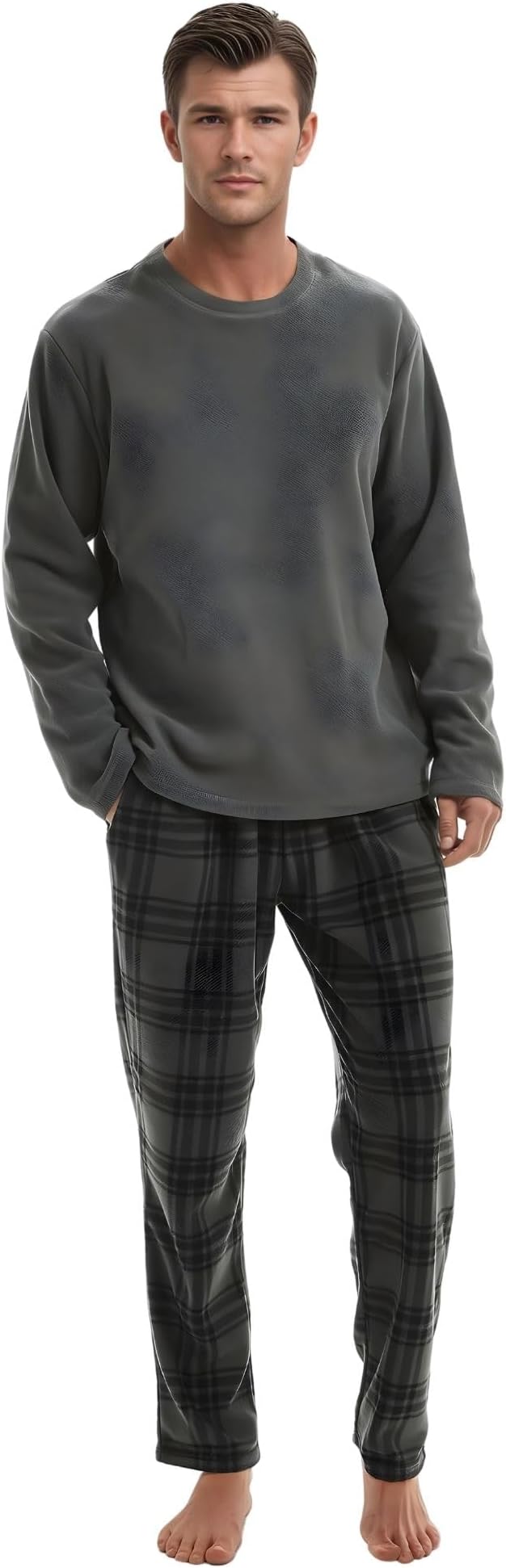 Men's Thermal Fleece Pyjama Set, Long Sleeve Loungewear Checked Pj Grey - M
