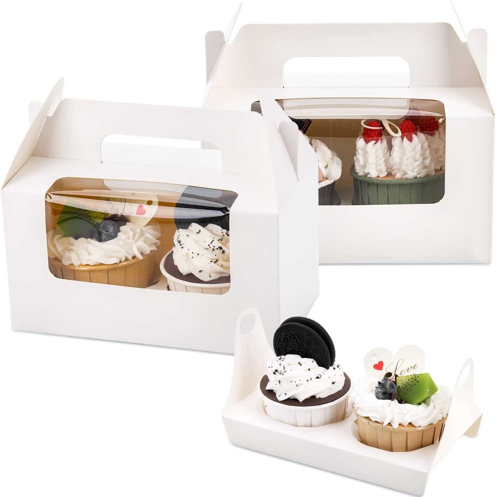 Jucoan 60 Pack White Cupcake Boxes with Insert, Handle and Window, 2 Holder Kraft Paper Cupcake Container, Cupcake Holder, Bakery Pastry Container for Cookies, Muffins and Pastries
