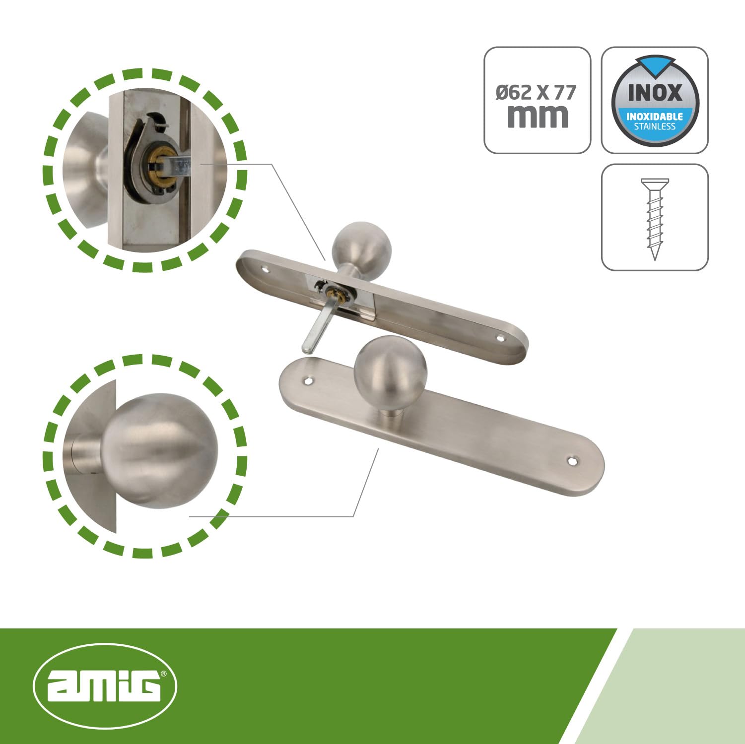 Amig - Jeu de boutons pivotants ronds pour portes intérieures Mod. 11GP - ø62 x 77 mm - Garniture de plaque rectangulaire - Poignée ergonomique - Acier inoxydable 18/8 mat