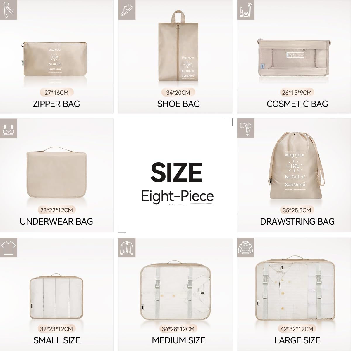 Shadcoler Organizer Valigia, 8 Pezzi Organizer Valigia Salvaspazio, Organizer Viaggio, Packing Cubes per Cosmetici, Abbigliamento Intimo, Vestiti, Borse, Scarpe, Viaggio Accessori Utili (Albicocca)