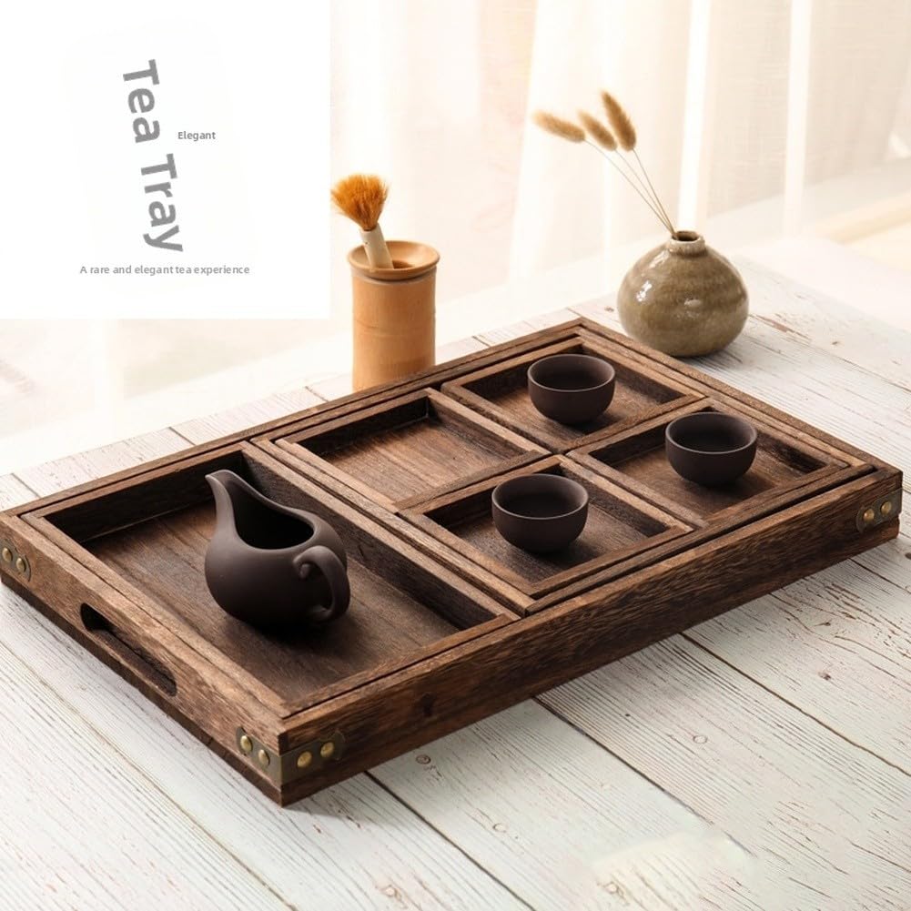 Set Bandeja Té para madera Sólida Japonés 7 Unidades para superficie Pulida para Café Postres Sala Comedor 27.5x27.5cm(A)
