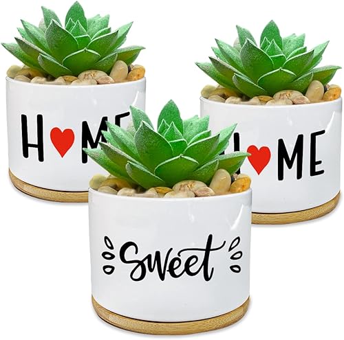 WHING Home Sweet Home - Maceta de cerámica blanca para suculentas paquete de 3 macetas de 35 pulgadas con bandeja de bambú para regalos de