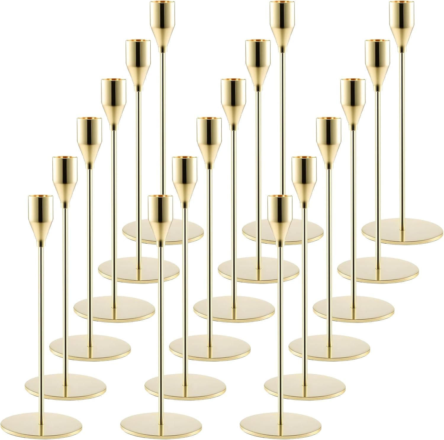 FERNVALE Candlestick Holders for Taper Candles Elegant Metal Candle Stands for Weddings, Parties & Home Decor (Fits 3/4" Candles) Tall & Short Candle Holders (Gold, 18PCS)