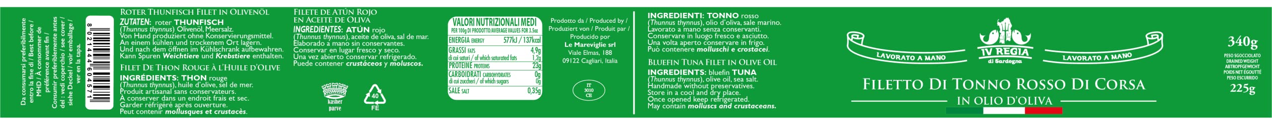 Mediterraner Roter Thunfisch in Olivenöl 340g IV Regia di Sardegna - Handgefertigt in Sardinien, Italien - Sardische Handwerksproduktion als Kosher zertifiziert