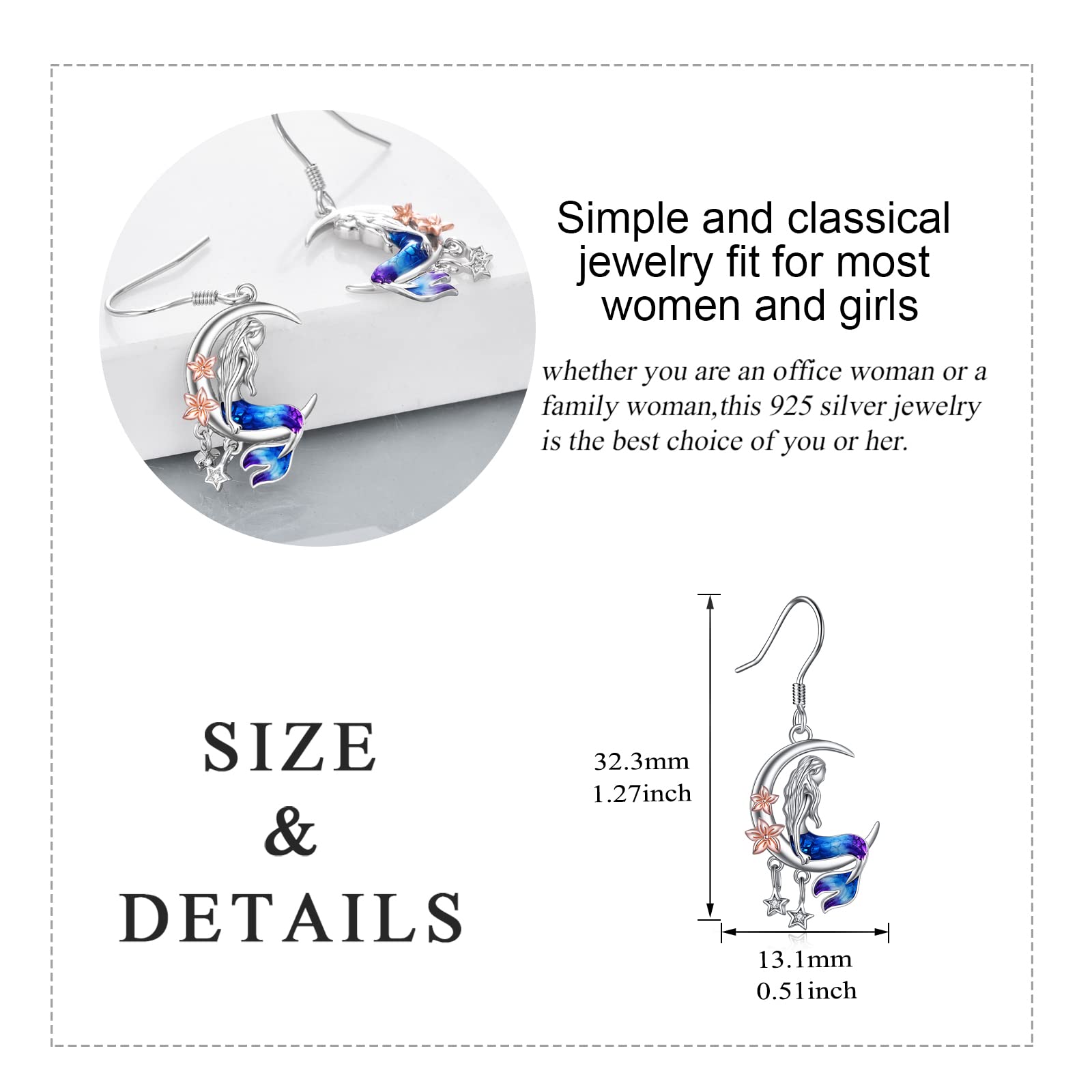 Orecchini a sirena Regali Orecchini a mezzaluna e stella con sirena di mare in argento sterling con fiori Regali di compleanno Gioielli per ragazze Figlia Signore