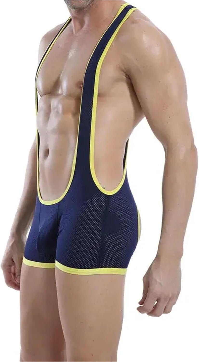 Mens Undershirts Mesh Open Butt Wrestling Singlet Leotard Male One-Piece Pajama Sexy Underwear Faux Leather Jumpsuit