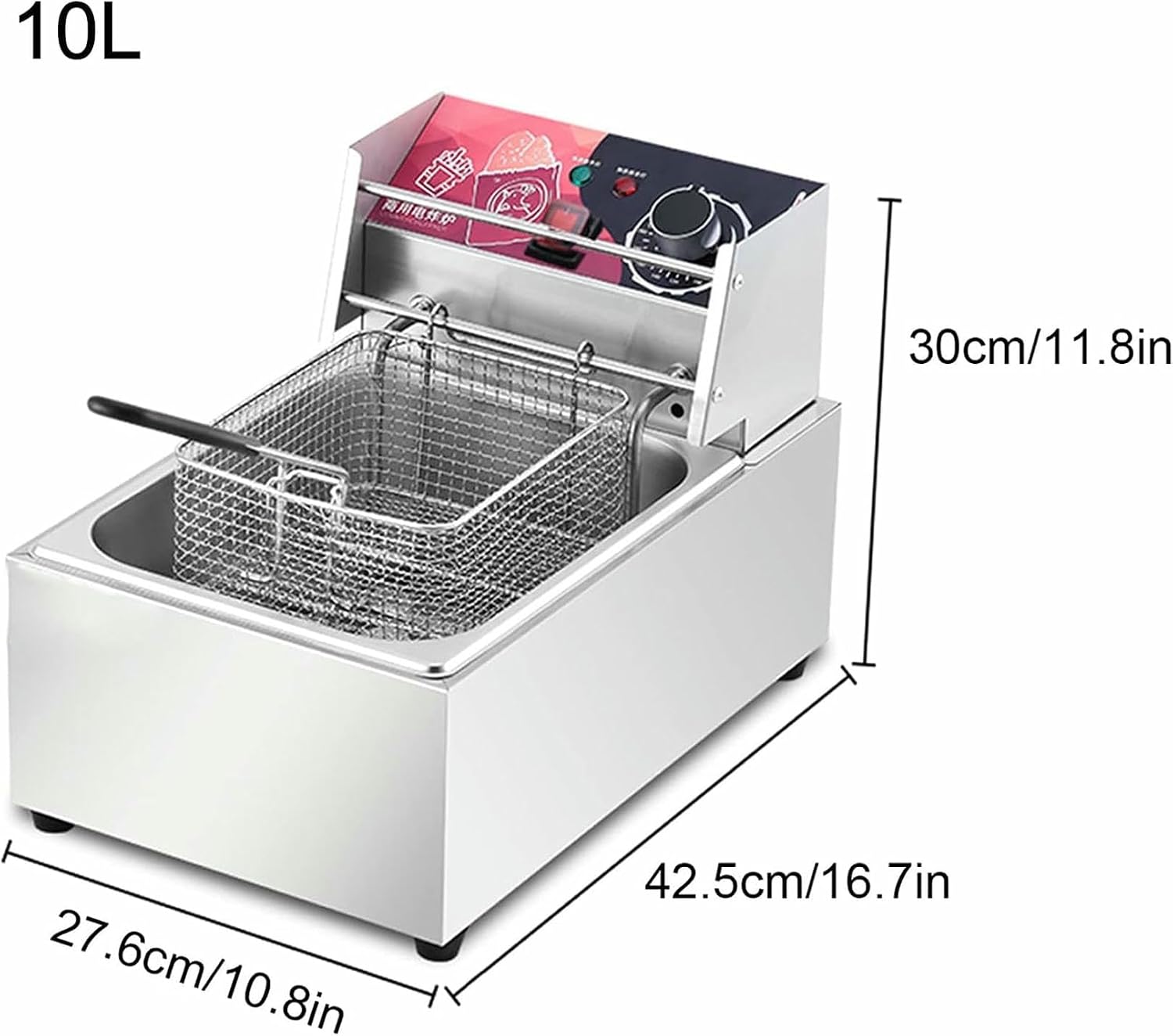 10L Electric Deep Fryer with Basket & Lid, Countertop Stainless Steel Kitchen Fat Fryer Frying Machine, with Adjustable Timer, Easy Clean