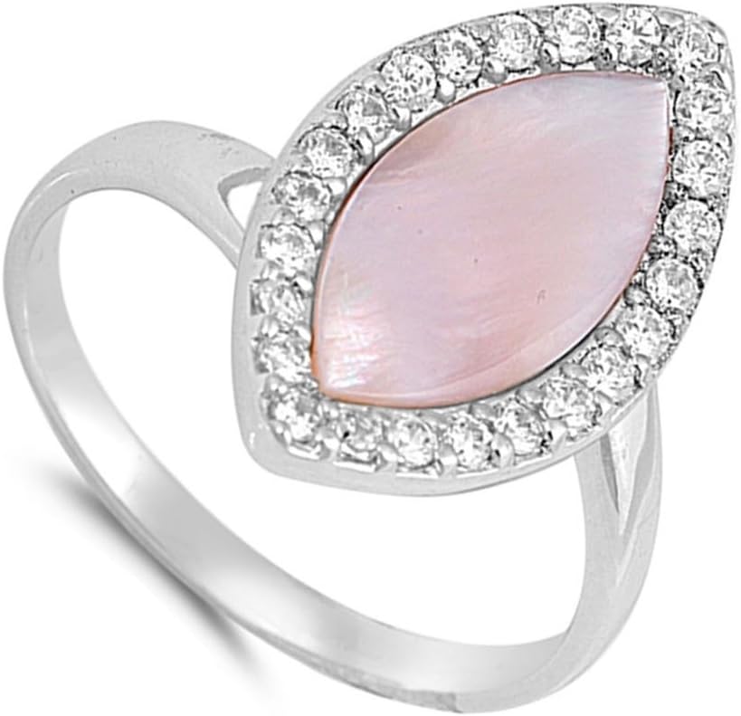White CZ Marquise Simulated Mother of Pearl Halo Ring .925 Sterling Silver Band Sizes 6-9