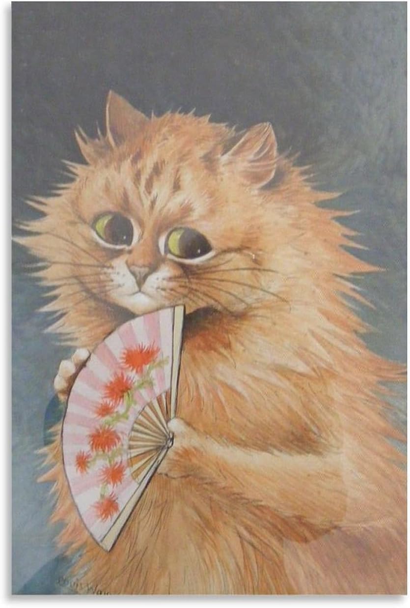 ZZYGGN GMGSW Louis Wain Poster《The Cat With Fan》Canvas Painting Classic Louis Wain Wall Art Aesthetic Animal Prints for Home Decor Wall Picture 16x20in Unframed