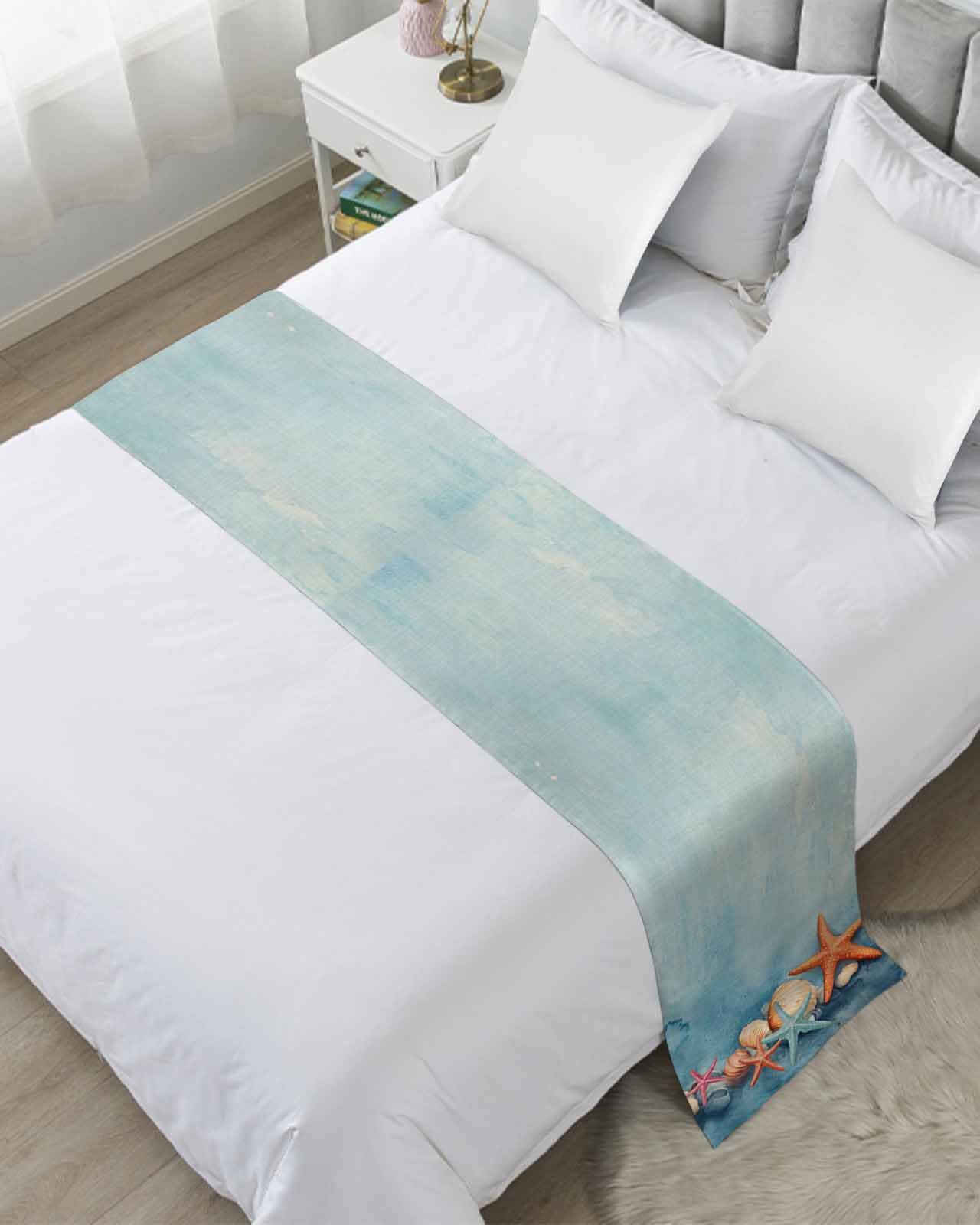 DecorLovee Coastal Starfish Bed Runners for King Size Bed, Decorative Bed Throws for Foot of Bed, Retro Blue Ocean Shell Watercolor Bed Runner Sofa Throw Bedding Scarf Protector Slipcover for Bedroom