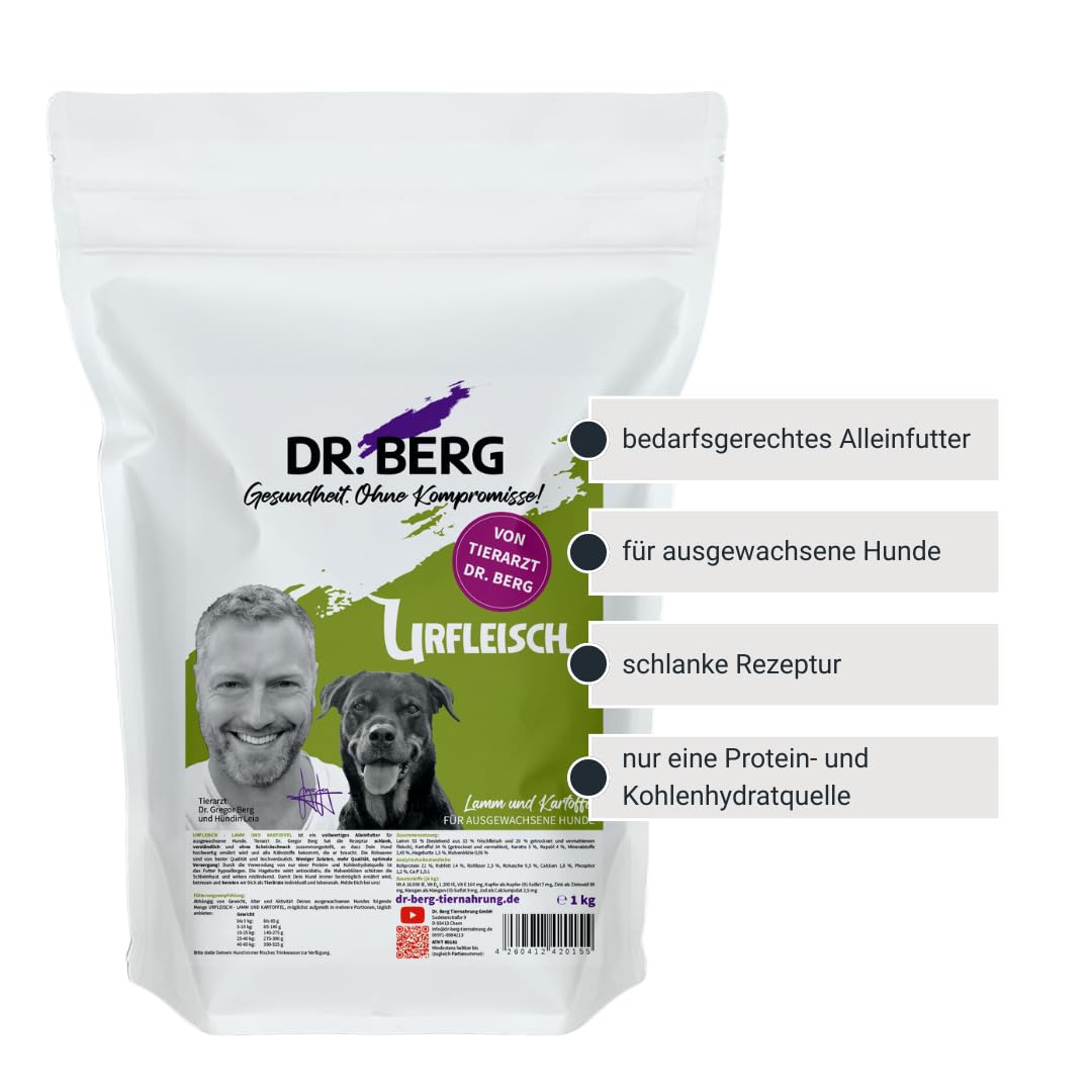 Dr. Berg URFLEISCH Lamm & Kartoffel Trockenfutter für Hunde | 1 kg | Hypoallergenes Hundefutter - Monoprotein - Trockenfutter mit viel Frischfleisch - verträgliche und schlanke Rezeptur