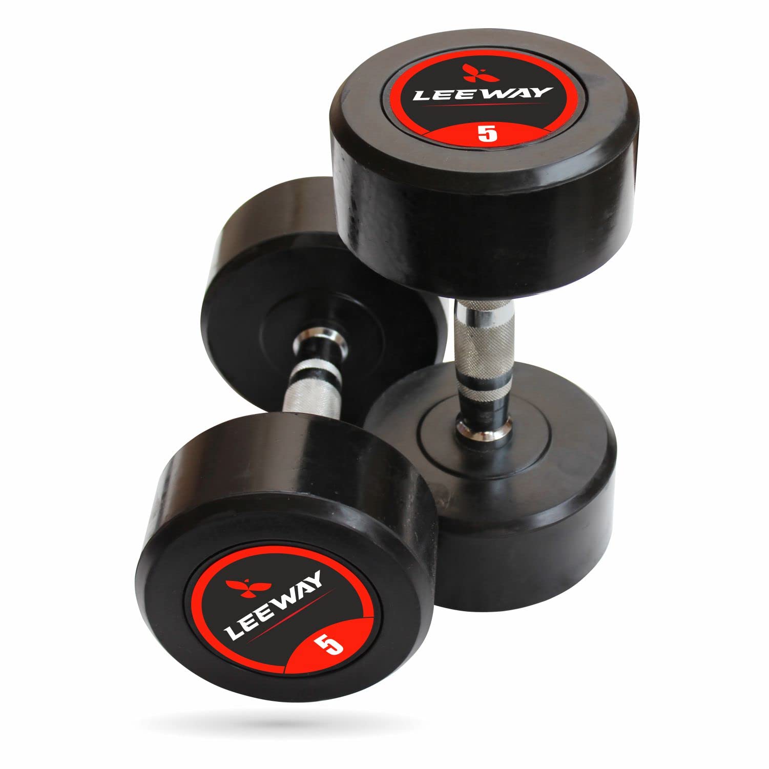 LEEWAY Rubber Coated Bouncer Dumbbells Weights (5Kg Pair) | Fixed Weight Professional Round Dumbbell Set For Home Workout | Gym Dumbbells For Men & Women | 5 Kg Dumbbell Set Of 2, Black