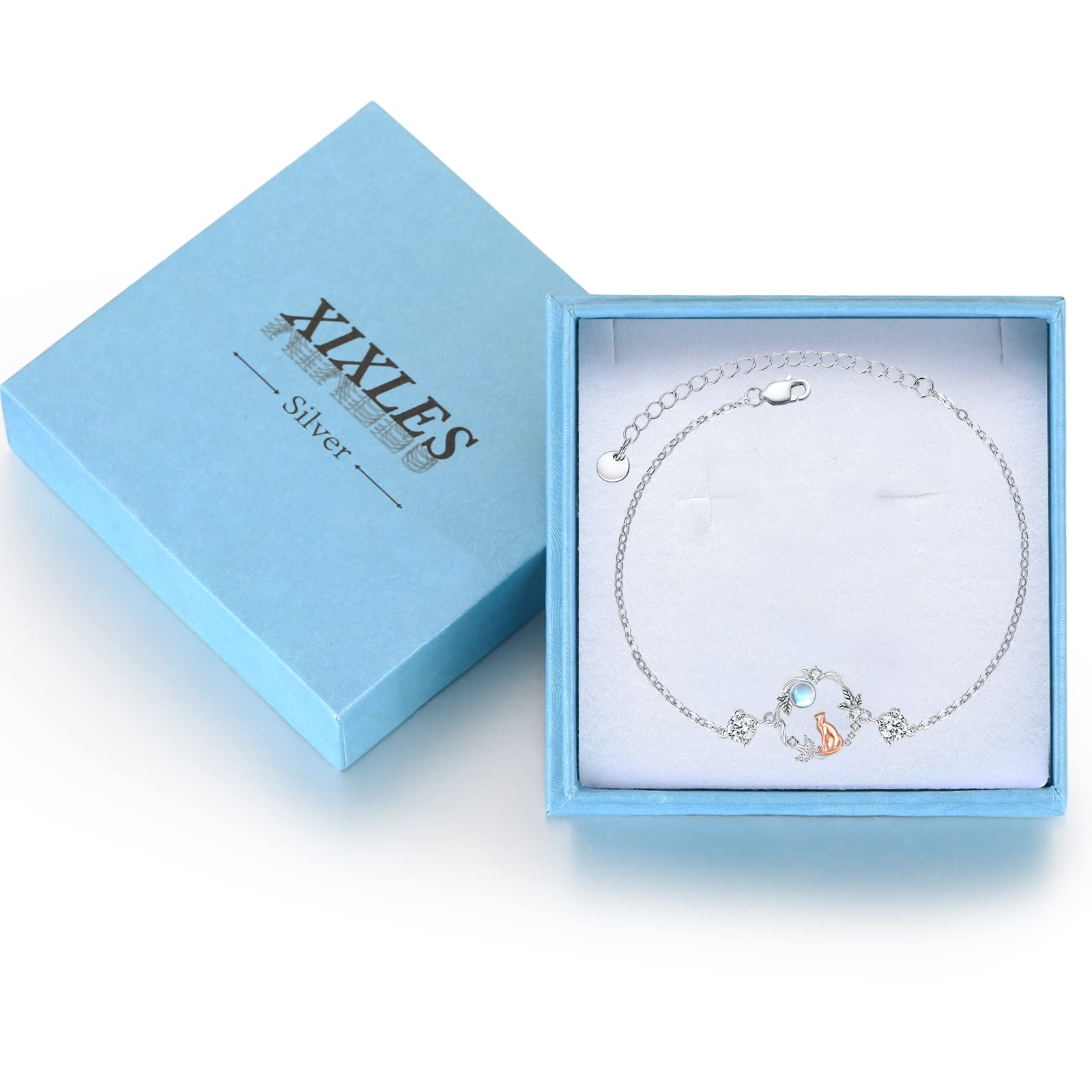 Pulsera de gato de plata de ley 925 para mujer, plata con piedra lunar y gatos, regalo para mujeres, amantes de los gatos y regalos para madres, Plata de ley