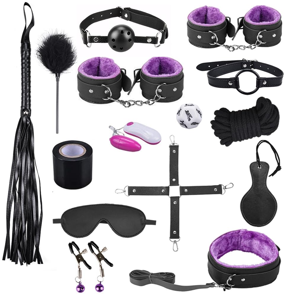 Sex Bondage Ties BDSM Kit Qoosea 15PCS Set de Juguetes Sexuales para Parejas Set Bondage Ajustable Juegos de Adultos para Parejas Set de Sujeción para Accesorios Sexuales (morado y negro)
