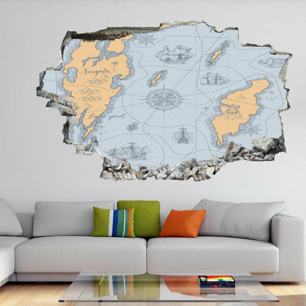 Decorazione murale 3D, Mappa nautica Adesivo murale rimovibile Camera Stile retrò murali Decalcomania foro muro per ragazze Carta da parati camera da letto per bambini Decorazioni per matrimoni