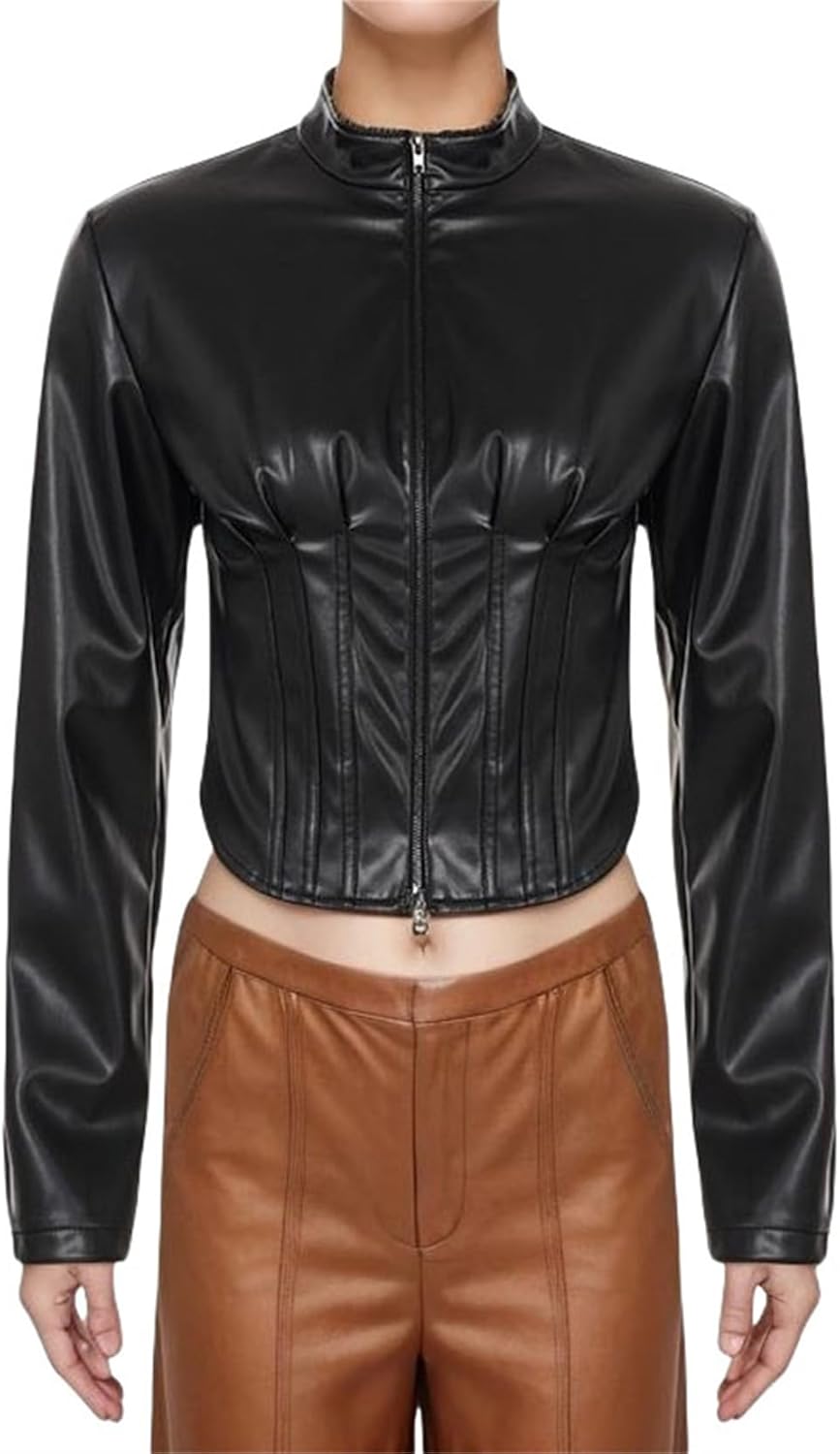 Women Rave Leather Long Sleeve Crop Jacket - Goth Zip up Mock Neck Trendy Motorcycle Going Out - Image 7
