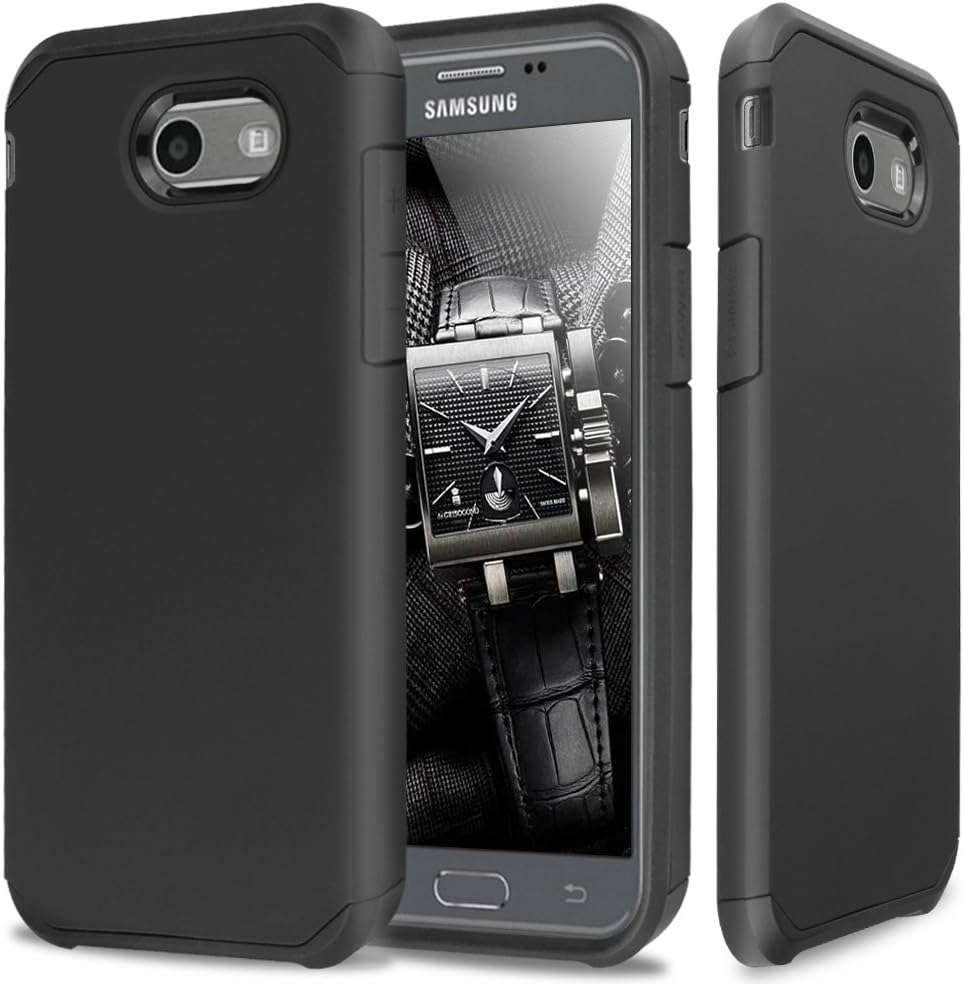 TJS Case Compatible for Samsung Galaxy J7 Sky Pro/Galaxy J7 Perx/Galaxy J7 V/Galaxy Halo/Galaxy J7 Prime, Dual Layer Hybrid Shockproof Impact Drop Protection Phone Case Armor Cover (Black)