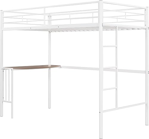 Miniatura 4 de BOVZA Cama alta de metal tamaño individual con escritorio, escalera y barandillas, para niños, adolescentes y adultos, color blanco