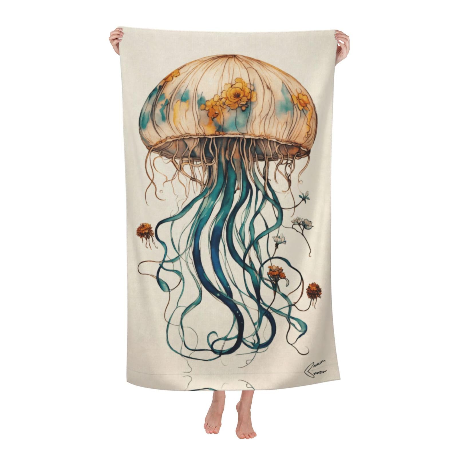 Pojknbv White Jellyfish Pattern Print Oversized Adult Beach Towel Quick-Dry Comfortable Lightweight Travel Pool Camping