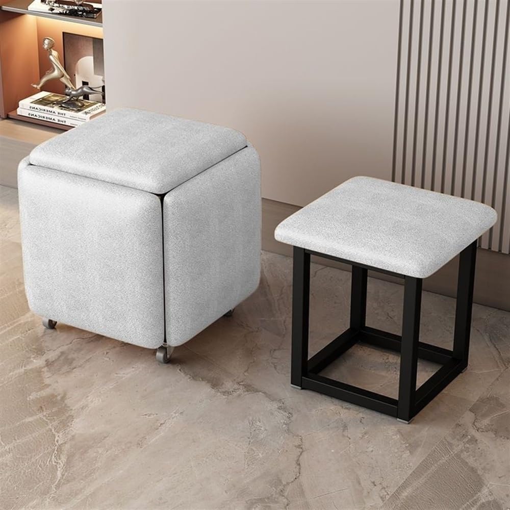 Siège cube 5 en 1 gris en tissu technique, tabouret gigogne empilable sur roulettes pour salon