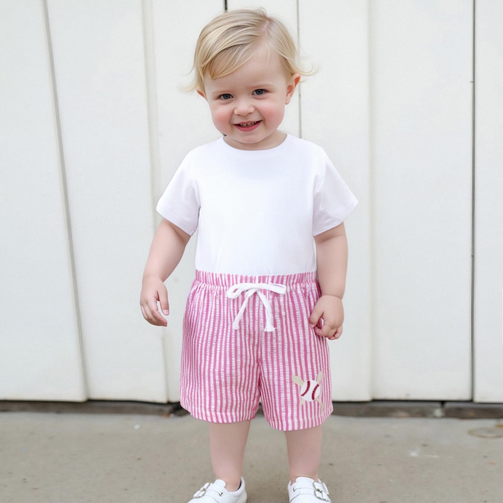 Gaono Baby Boy Striped Shorts Elastic Waist Golf Cart/Tractor/Baseball/Football Embroidery Summer Shorts Short Bottoms (Pink, 6-12 Months)