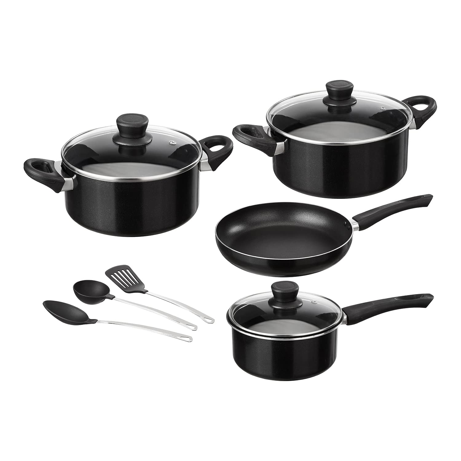 amazon basics Aluminium 7 Piece Cookware Set | Non-Stick | 2-Way 3 Layer Non-Stick Coating | PFOA Free | High Temperature Resistant Exterior Coating | Black
