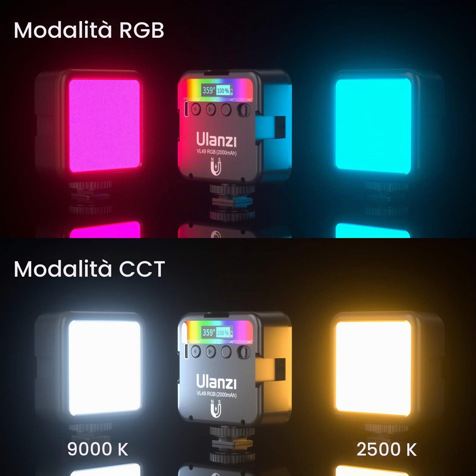 Ulanzi VL49 RGB Mini Multi Color LED lampada video per smartphone e camera, luce di riempimento con temperatura colore regolabile (RGB + 2500K-9000K) e batteria da 2000 mAh per video Vlog Streaming