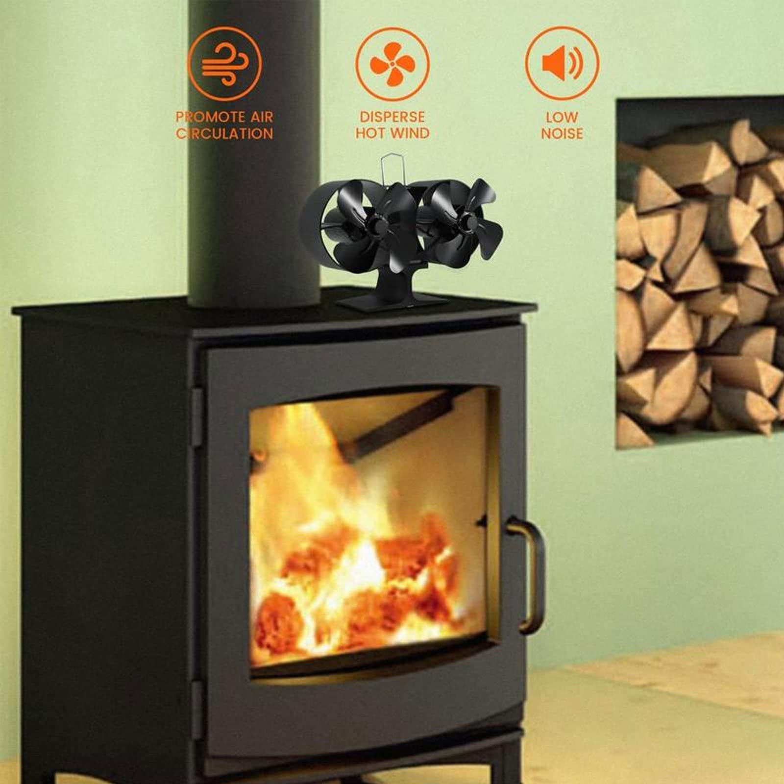 Ventilador para Estufa de leña Ventilador de 8 aspas para Chimenea Ventiladores ecológicos no eléctricos con 2 Motores para leña