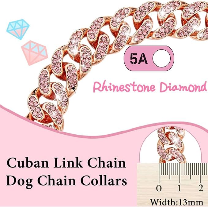 Image of Rose Gold Crystal Cuban Link Dog Collar with Design Secure Buckle Metal Chain Pet Necklace for Small Medium Large Dogs Cats(Rose Glod 16inch)