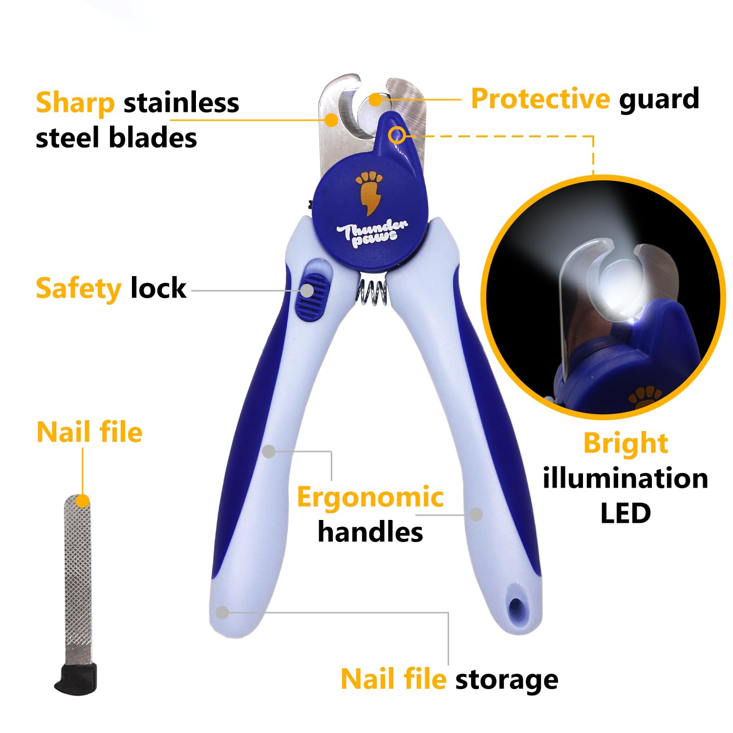 LED Dog Nail Clippers with Light, Trimmers with Protective Guard, Quick Sensor, Safety Lock and Nail File - Suitable for Large and Small Dogs & Cats (Blue, LED) - image 6