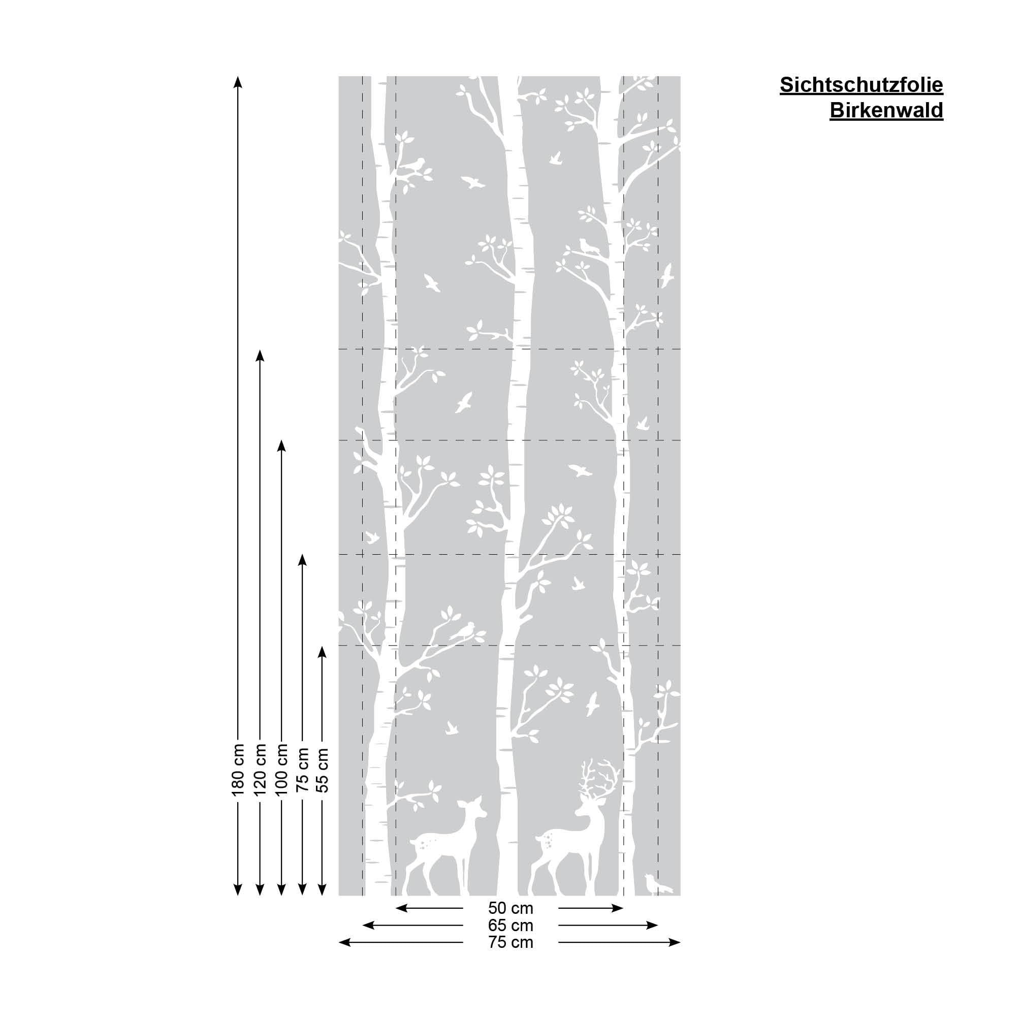 Sichtschutzfolie Birkenwald mit Hirschen Fensterfolie Fensterdeko Milchglasfolie, 55 cm hoch, 125 cm breit