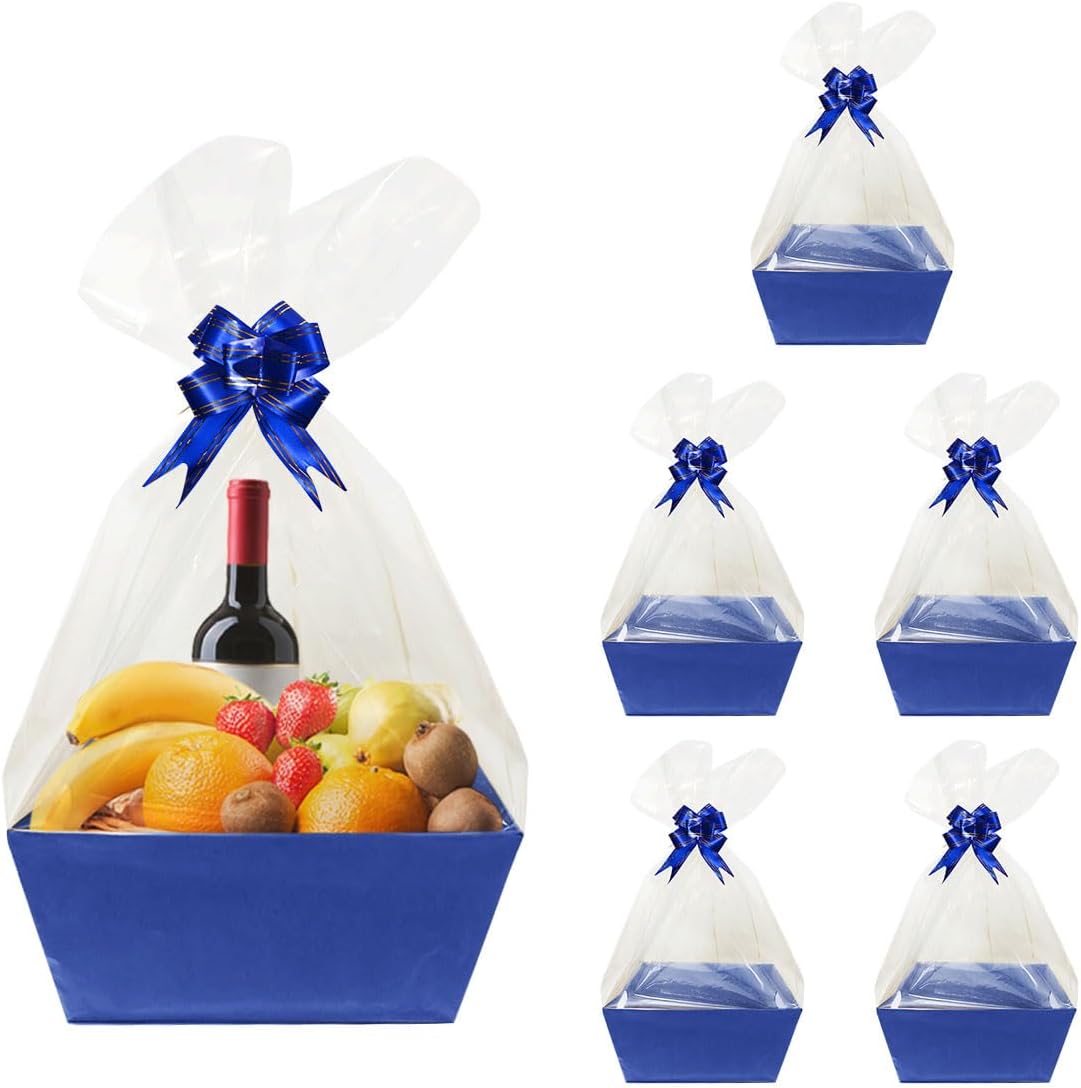 Worown 6 Pack Blue Cardboard Basket for Gifts Empty, Kraft Basket Kit with bags and Pull Bows for Packing Gift on Easter, Christmas, Birthday, Wedding