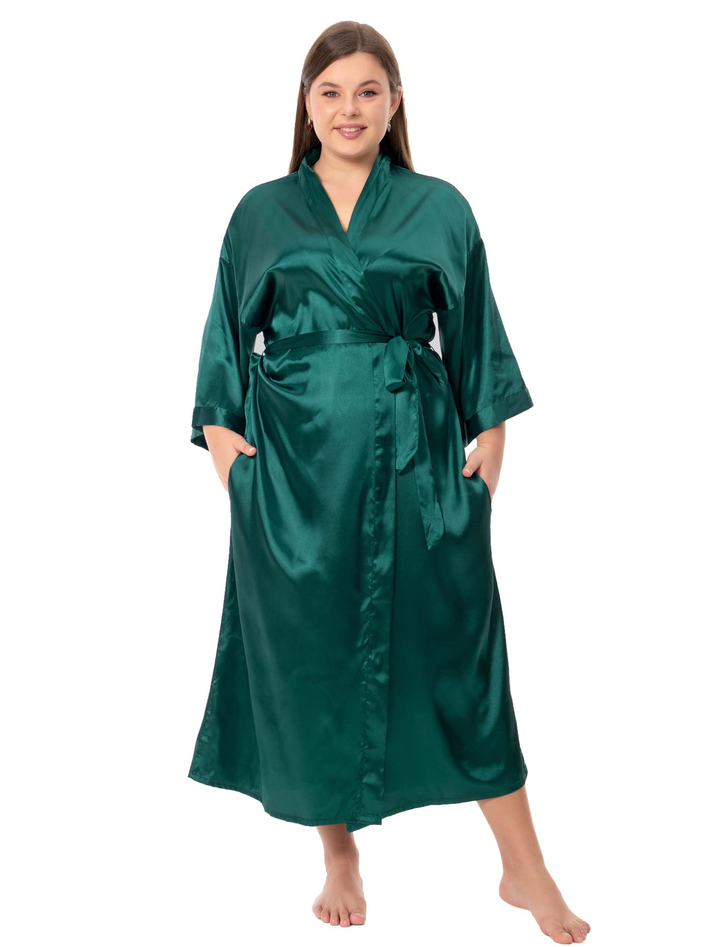 Bata larga de satén floral para mujer, talla grande, de seda, kimonos florales de pavo real, ropa de dormir.